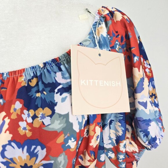 NWT Kittenish Orange Blue Off Shoulder Knot Puff Sleeve Dress - Picture 7 of 9